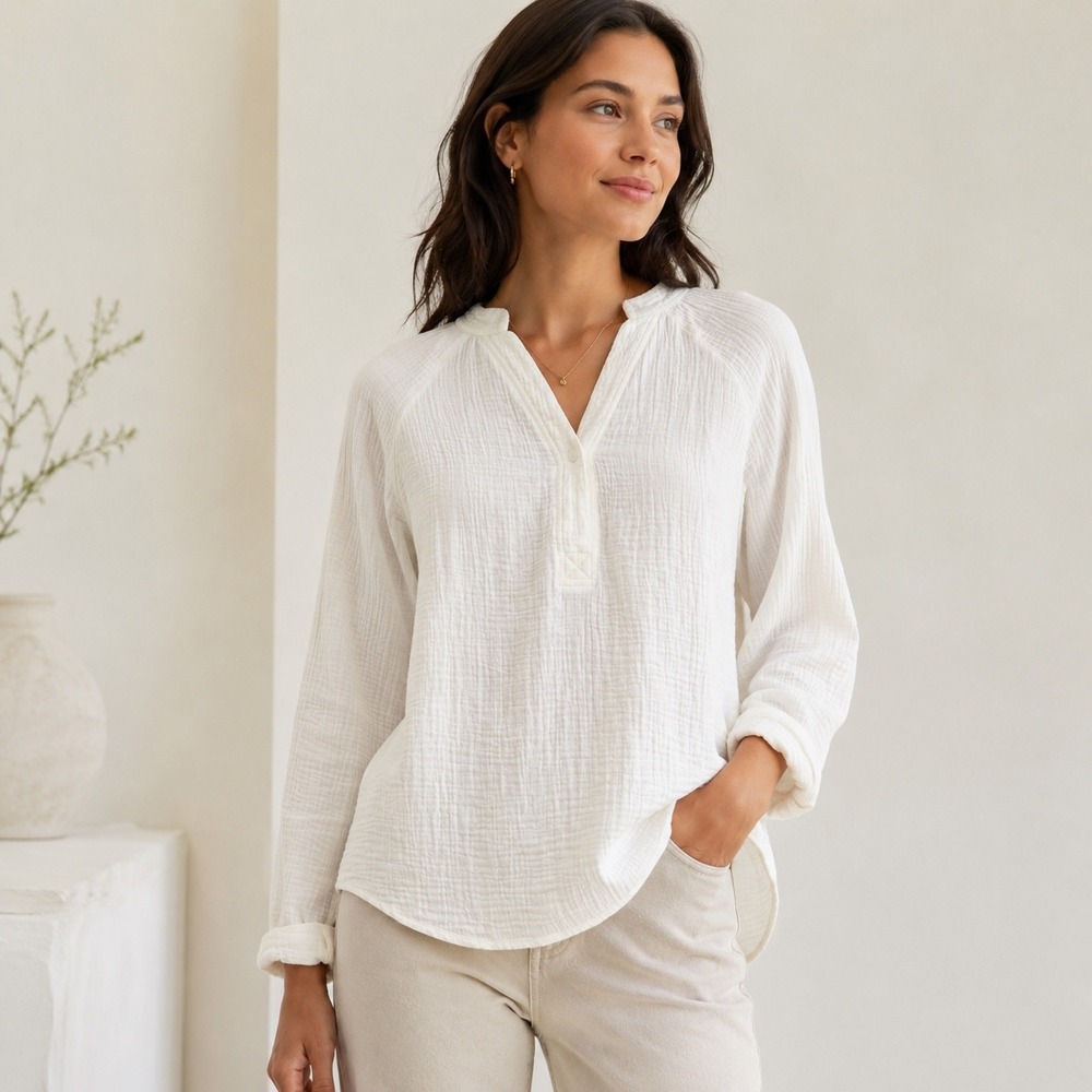 Garnet Hill Gauze Top Size 12 White Organic Cotton Boho Split V Textured Casual